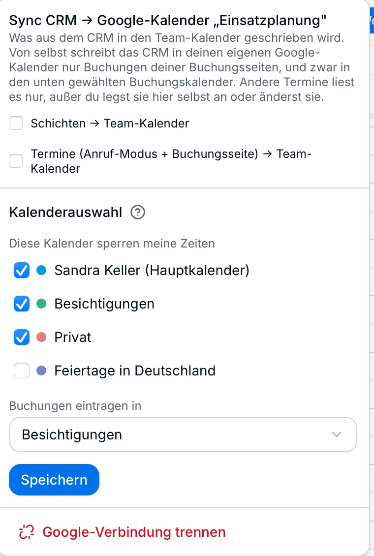Kalenderauswahl: welche Kalender sperren, wohin Buchungen gehen