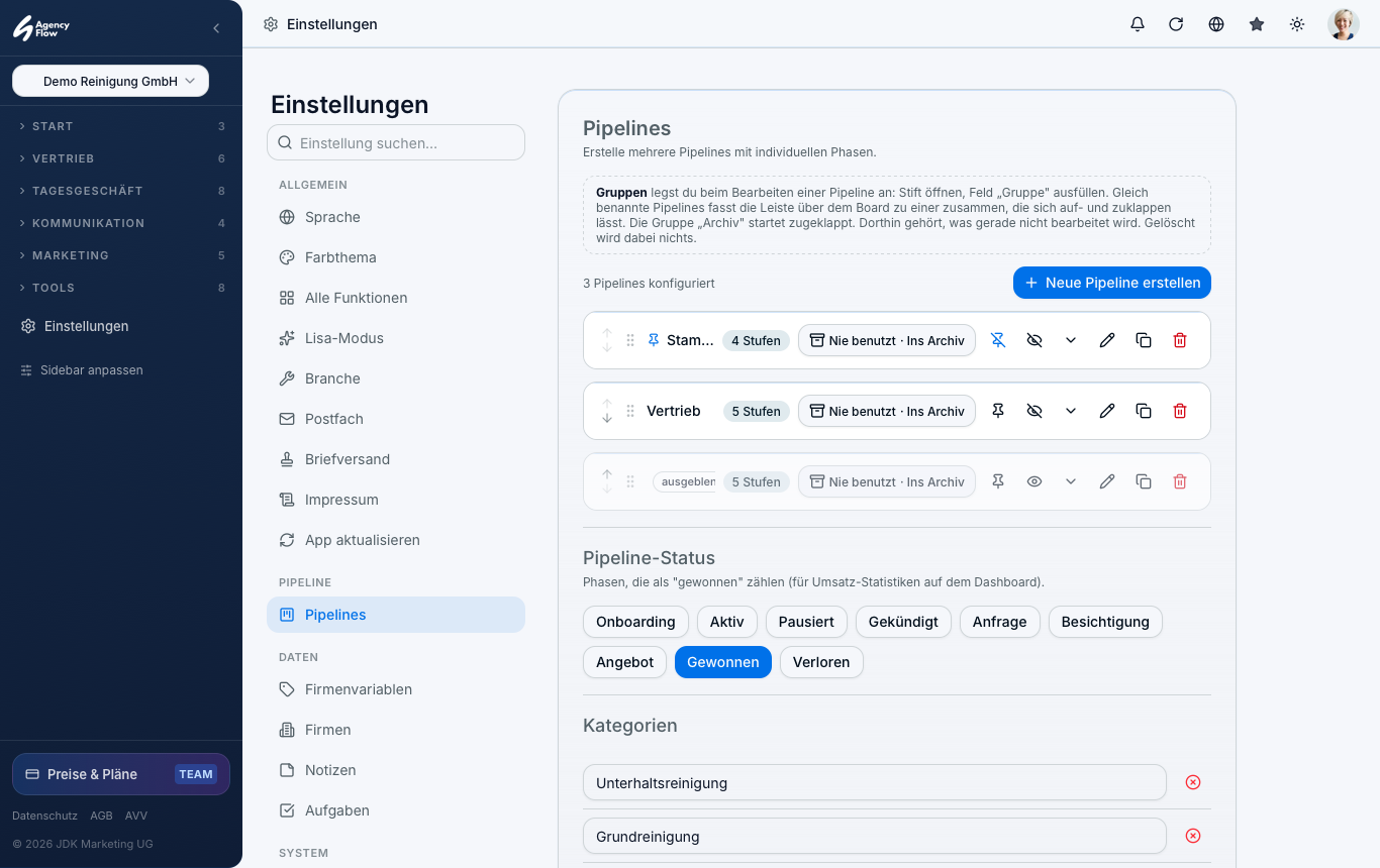 Einstellungen Pipelines mit Pin, Auge und Reihenfolge