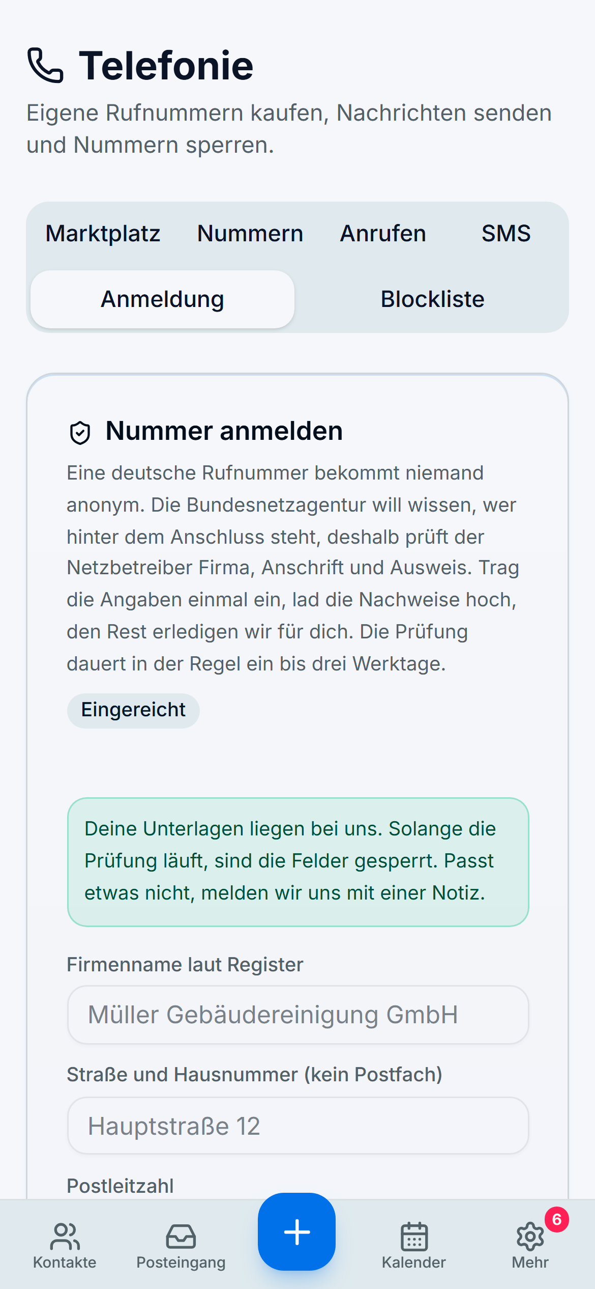 Formular zur Rufnummern-Anmeldung